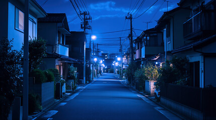 静寂に包まれた夜の住宅街と青い街灯の光