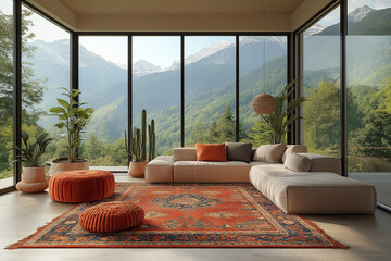 Photo salon contemporain lumineux avec fenêtres pleine hauteur, tapis douillet, lustre imposant, mobilier élégant et décoration moderne aux tons neutres
