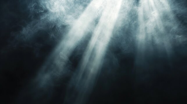 Dramatic light beams piercing smoky darkness