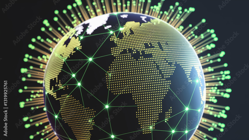 Poster stylized earth globe with glowing network connections, representing global communication, data flow,