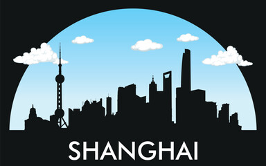 Obraz premium Silhouette of the city of Shanghai against the background of a bright sky with clouds. The image conveys the urban style of the city with its modern high-rise buildings and skyscrapers.