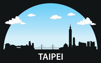 Silhouette of the city of Tapei against the background of a bright sky with clouds. The image conveys the urban style of the city with its modern high-rise buildings and skyscrapers. © Dima
