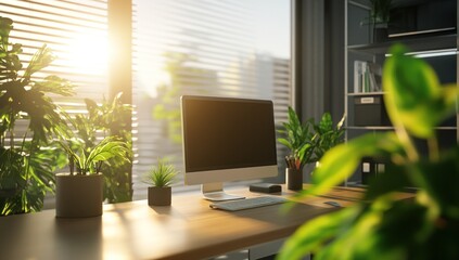 Fototapeta premium Sunlight Illuminates a Modern Workspace with Lush Greenery