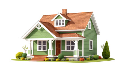 Small cute craftsman American house wth green and white , with white tonespng