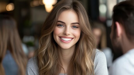 Obraz premium A young woman with long, wavy hair smiles brightly in a cozy cafÃ© setting, exuding warmth and positivity, This image is perfect for marketing, lifestyle blogs, or social media campaigns,