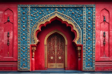 Ornate Archway with Blue and Gold Designs Leading to Carved Wooden Doors

