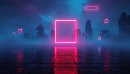 A digital art piece depicts a futuristic cityscape at night, characterized by neon lights and a misty atmosphere