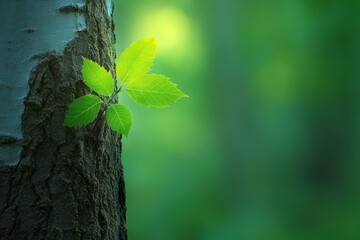 Obraz premium A close-up of a single aspen tree trunk with vibrant green leaves emerging from its side, set against a blurred green background
