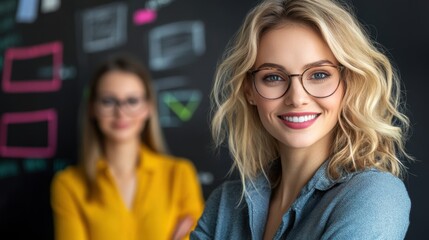 A confident woman with glasses smiles at the camera, while a colleague is slightly blurred in the background, This image is ideal for business presentations, marketing materials