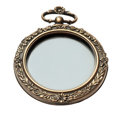 A small, antique pocket mirror with an ornate, brass frame, reflecting light, isolated on white background.