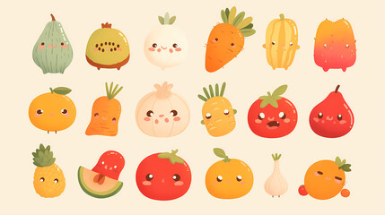 Cute cartoon fruits and vegetables with smiling faces, arranged in a playful pattern on a light background