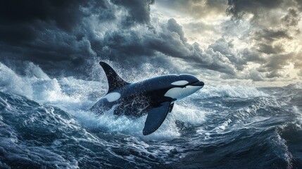 Orca leaping in stormy ocean waves