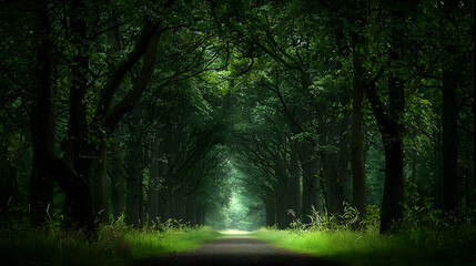 Obraz premium Enchanted Forest Path At Night Illuminated By Bioluminescent Fireflies Glowing Green Landscape With Trees And Soft Light