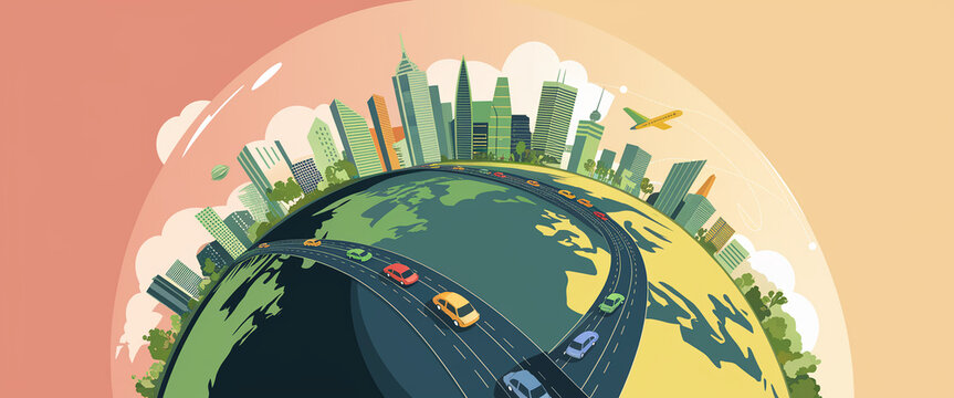 Stylized illustration of a globe with cityscapes and roads, airplane overhead, showcasing global connectivity and travel, ideal for travel or transportation concepts