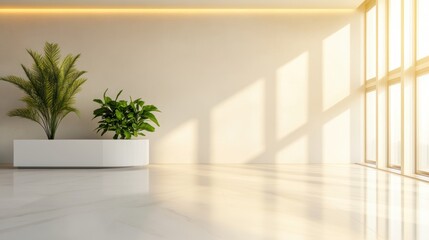 Fototapeta premium A bright and airy indoor space featuring lush potted plants and minimalistic decor, Ideal for use in real estate listings, interior design projects