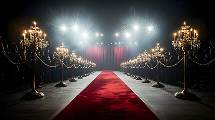 Grand Red Carpet Entrance With Ornate Candelabras And Dramatic Spotlights In A Dark Elegant Interior Setting Ideal For Award Ceremonies Or Movie