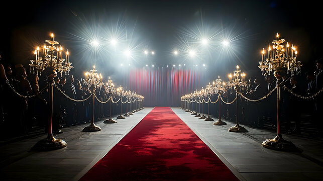 Grand Red Carpet Entrance With Ornate Candelabras And Dramatic Spotlights In A Dark Elegant Interior Setting Ideal For Award Ceremonies Or Movie
