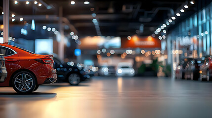 Red Car In Focus With Blurred Showroom Background Modern Dealership Interior With Spotlights Illuminating New Vehicles On Display Polished Showroom