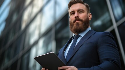 Fototapeta premium A well-dressed man with a beard holds a tablet outside a modern building, exuding confidence and professionalism, Ideal for business, technology, or corporate-related projects,