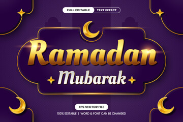 Ramadan Mubarak editable text effect, font graphic style with a rich purple and gold theme, featuring crescent moons and Islamic ornaments. Ideal for greeting cards, social media, and festive designs