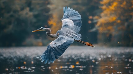 Majestic great blue heron in flight over a tranquil lake, wings spread wide against a blurred autumnal background.  A breathtaking moment of natural beauty.