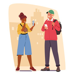 Young female blogger making interview shooting content for social media blog on city street scene