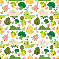 Obraz premium Spring seamless pattern with different spring illustrations including caterpillar, grass, lemon, broccoli, cherry blossom flower and more . . .