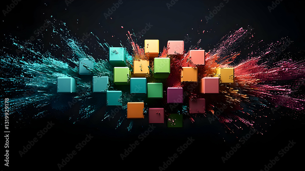 Poster abstract composition of floating colorful cubes with particle effects on black background
