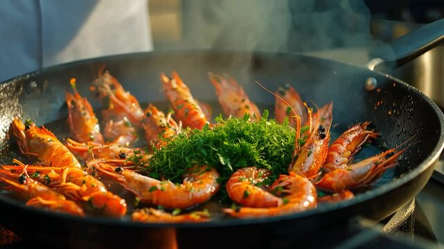 Close-up of sizzling shrimp seasoned with thyme in a pan.