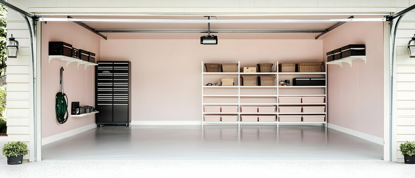 Modern Organized Garage Interior With Pink Walls White Shelving And Grey Floor In Suburban Home