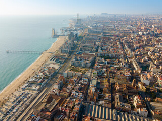 Aerial view of the Mediterranean coast of Badalona. Spain