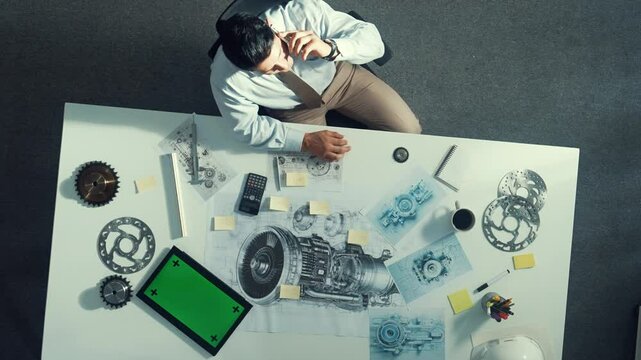 Top view of engineer looking at phone while working on tablet with green screen at meeting table with turbine engine or jet engine sketch design and various metal gear scatter around. Alimentation.