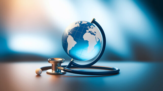 Globe and stethoscope on a surface, symbolizing global health, medical care, or international healthcare initiatives
