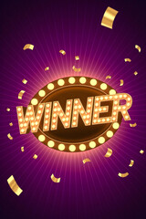 Illuminated "WINNER" sign with casino-style glowing bulbs and celebratory confetti