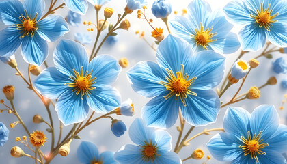 Floral art background with transparent blue flowers and golden elements. Vector botanical x-ray style poster set for decoration, interior design, invitations, packaging isolated with white highlight