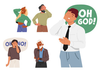 People cartoon characters making facepalm gesture expressing anxiety and stress isolated set