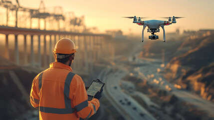 Construction Worker Controlling Drone at Sunset on a Bridge overseeing Highway Development in Orange and Yellow Sky with Industrial Equipments