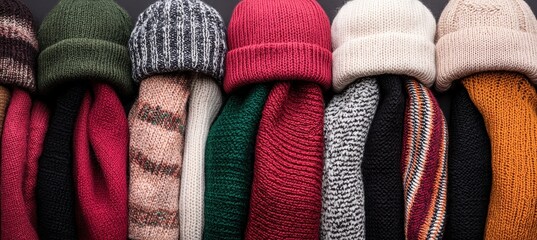 A colorful array of knitted hats and scarves, showcasing various textures and patterns, perfect for cozy winter wear.