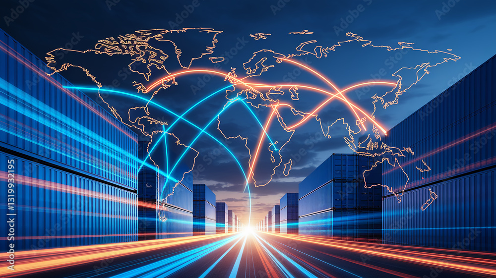 Poster global shipping network concept image. rows of shipping containers and a glowing world map illustrat