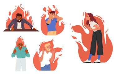 People in flame of fire quarreling during aggressive conflict or disagreement bickering and shouting