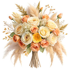 A bouquet of pastel roses and dried flowers tied with string on transparent background png isolated