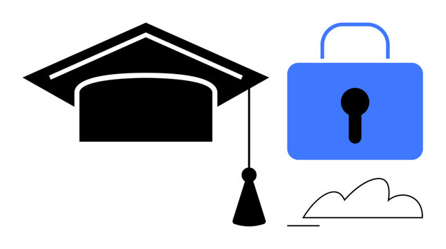 Graduation cap, blue lock, and cloud outline suggest secure online education, data privacy, and academic achievement. Ideal for learning, security, technology, cloud storage privacy education