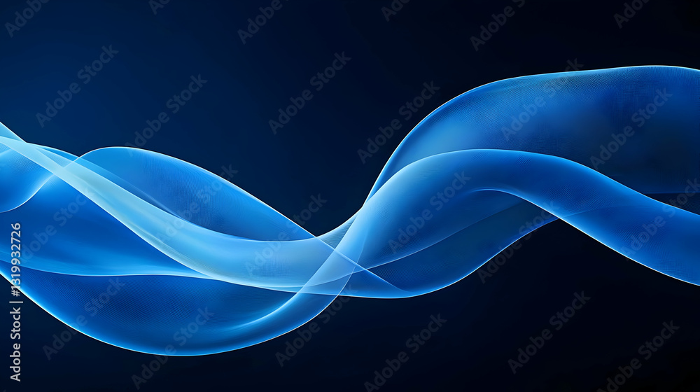 Poster dynamic flowing blue wave abstract design on dark background with smooth curves and gradient effect