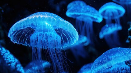 Obraz premium Bioluminescent jellyfish in dark aquarium (1)