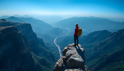 Fototapeta premium Man stand on cliff edge alone enjoying aerial view backpacking lifestyle travel adventure outdoor vacations , with white tonespng