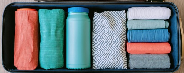 A neatly organized travel suitcase containing rolled clothes and a bottle, showcasing a practical approach to packing.