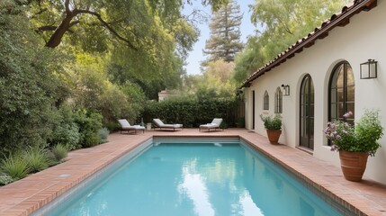 Poolside Serenity: A tranquil poolside scene showcasing a luxury home with a sparkling swimming pool surrounded by lush greenery, capturing the essence of leisure and relaxation.