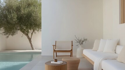 Serene Outdoor Lounge: A tranquil outdoor lounge area with a refreshing pool, featuring modern furniture under a clear, bright day, creating a peaceful atmosphere.