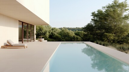 Fototapeta premium Serene Modern Villa with Pool: This contemporary architectural masterpiece showcases clean lines, a minimalist aesthetic, and an inviting outdoor swimming pool, perfectly blending luxury and nature.