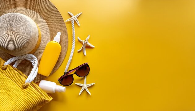 yellow beach bag with sunscreen lotion hat sunglasses beach essentials for safe sun exposure health safety concept for skin cancer awareness month top view photo bright yellow background